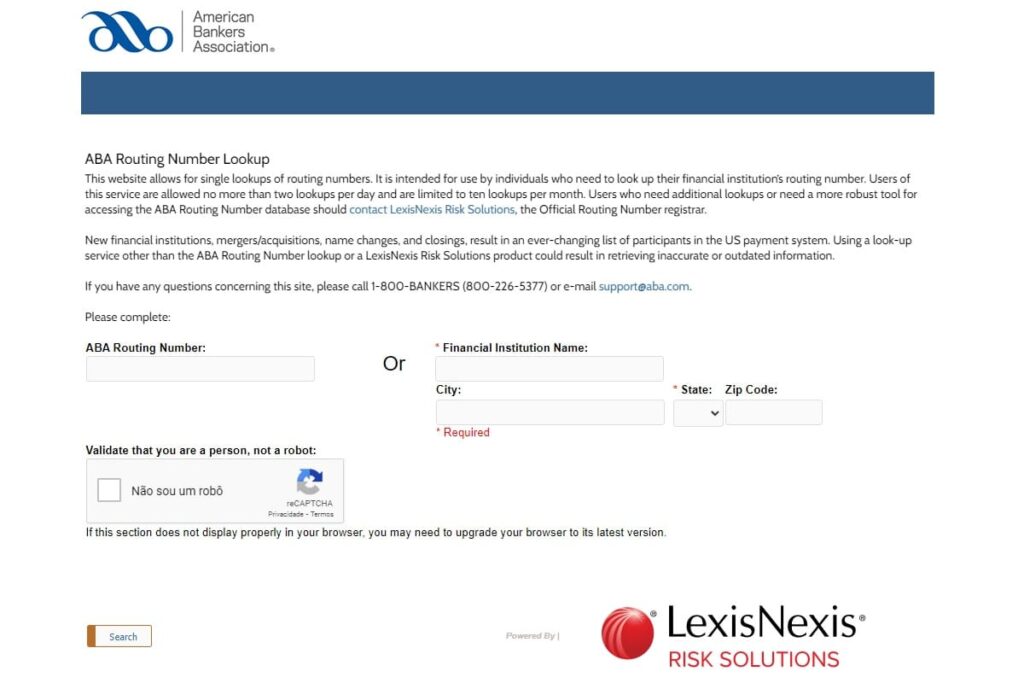 Página para encontrar ABA Routing Number.