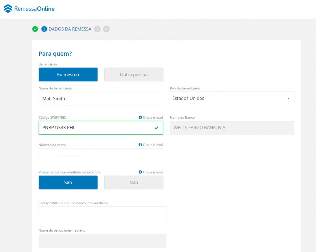 Como preencher o campo banco intermediário no site da Remessa Online.