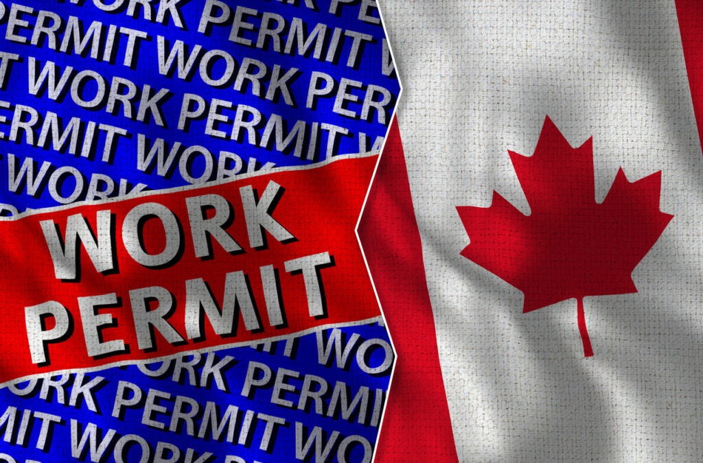 Montagem com a bandeira do Canadá, simbolizando a permissão para trabalhar no país (work permit).
