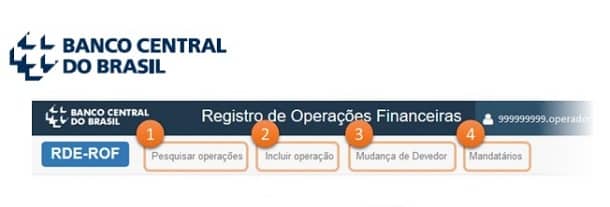 Ao fazer login no sistema RDE-ROF você terá acesso a 4 menus:  Pesquisar operações, Incluir operação, Mudança de devedor e Mandatários.