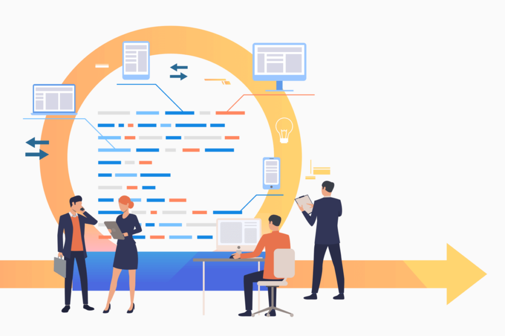 Ilustração de equipe Scrum Master trabalhando em tarefas