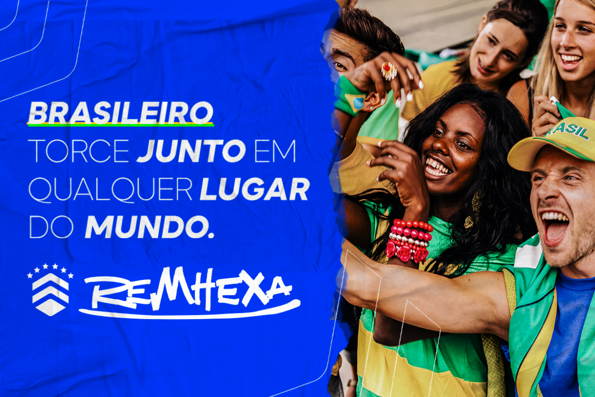Imagem de torcedores brasileiros com a frase "brasileiro torce junto em qualquer lugar do mundo"