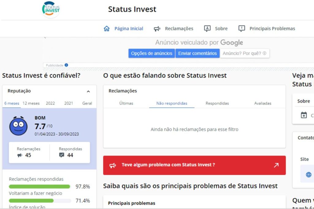 Avaliação do Status Invest no Reclame Aqui